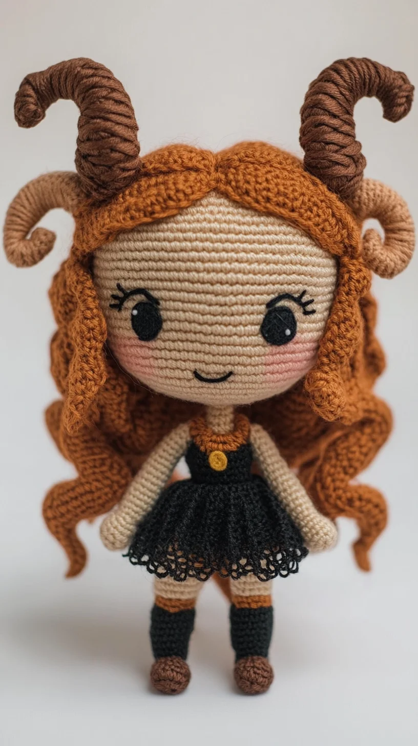 Adorable Crochet Doll with Whimsical Horns and Flowing Curls