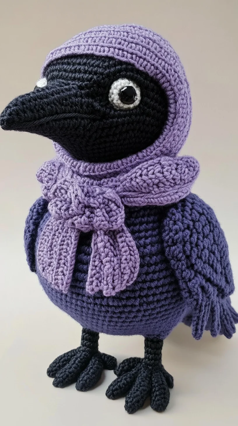 Handcrafted Charm: Adorable Crochet Raven with Cozy Lavender Scarf