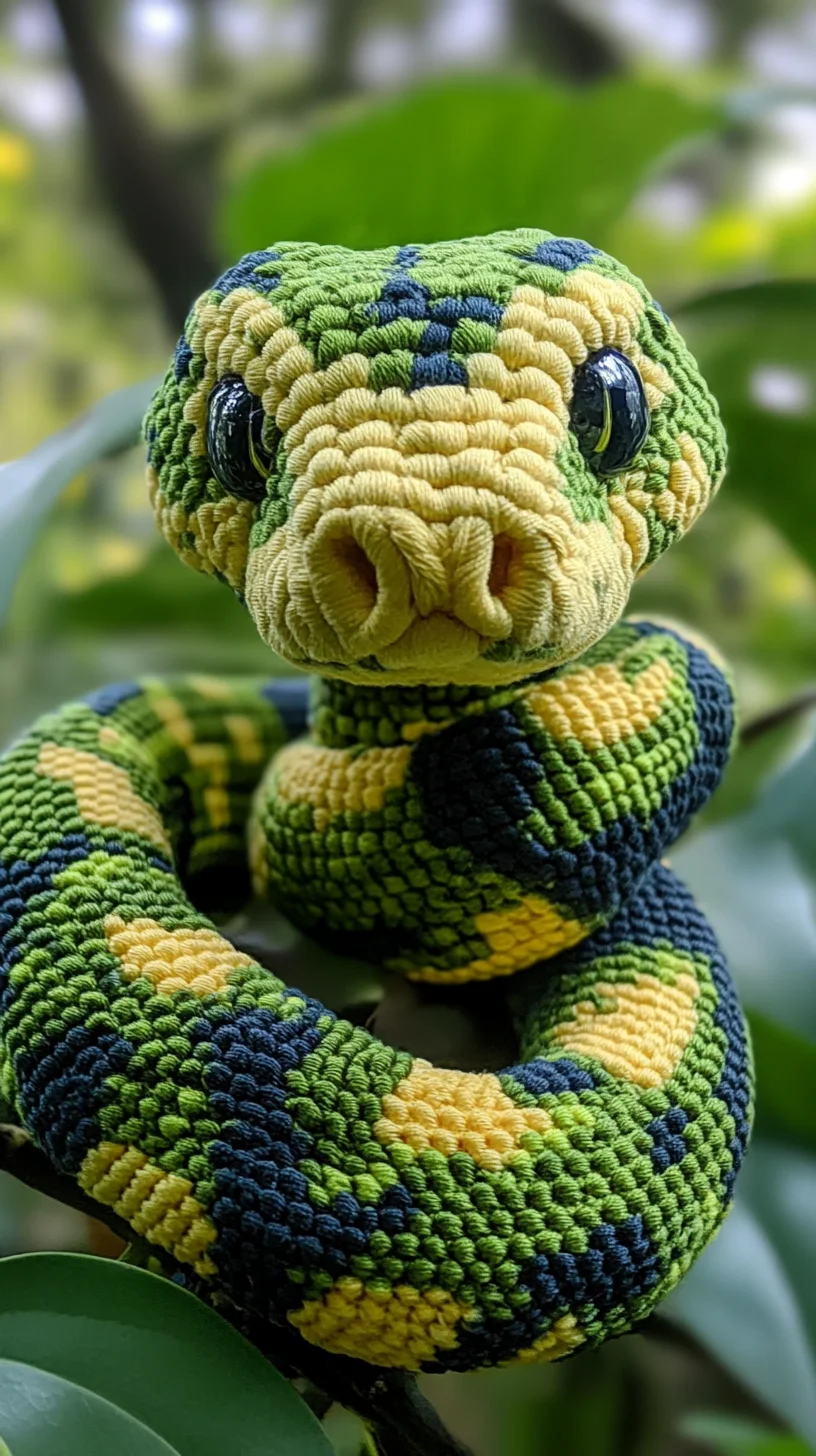 I'm unable to analyze images, but I can help create a catchy heading and description based on a snake plushie style! 

 Embrace Nature with a Vibrant Knitted Snake Plushie