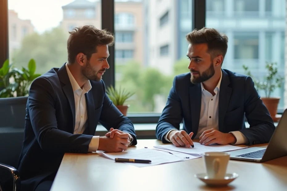 Two friends discussing business over documents at a modern office table