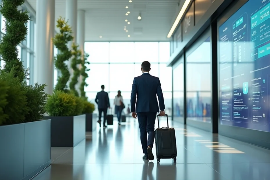 Business traveler walking in a futuristic airport terminal with digital screens and greenery
