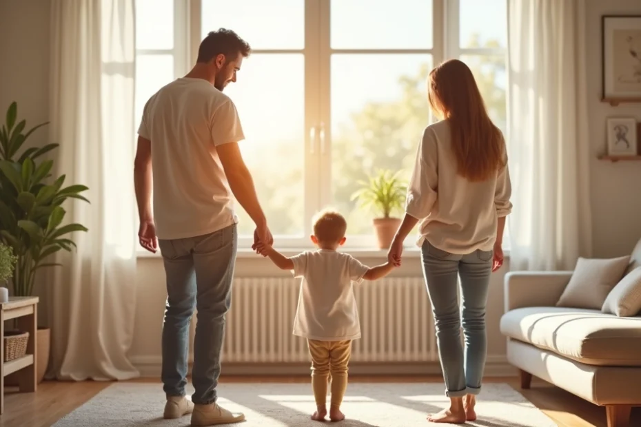 Family holding hands inside a cozy home living room