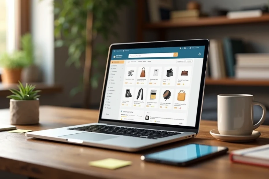 A modern home office workspace with a laptop displaying an online store dashboard, surrounded by notes, a smartphone, and a coffee mug