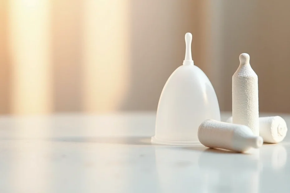 Menstrual cup and tampons side by side on a white surface with soft natural light