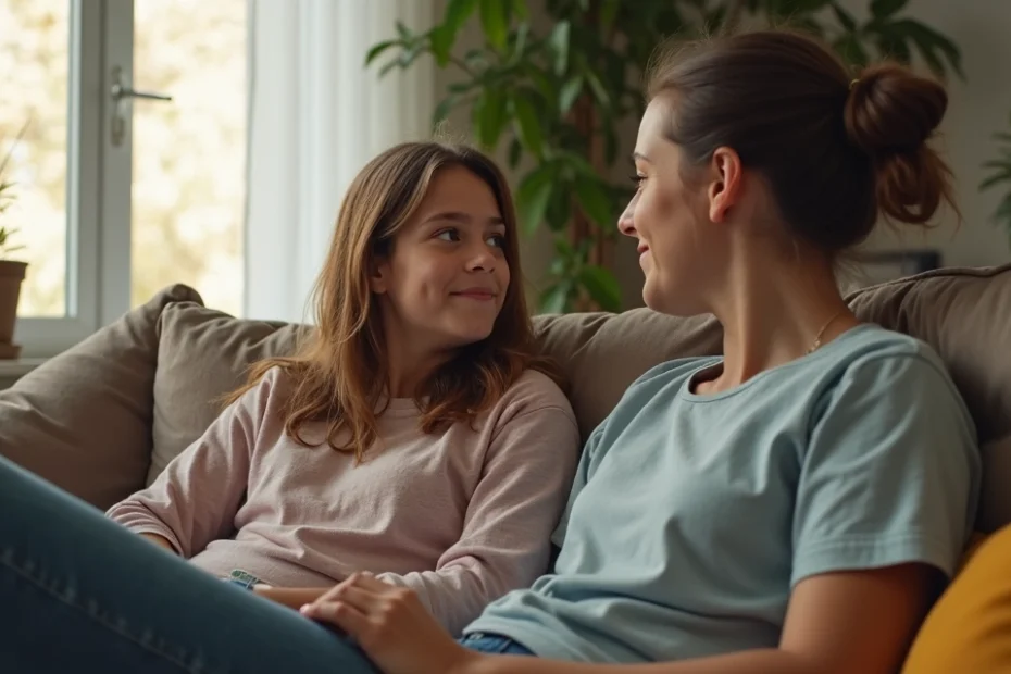 Mother and teenage daughter having a calm conversation at home sitting on a sofa
