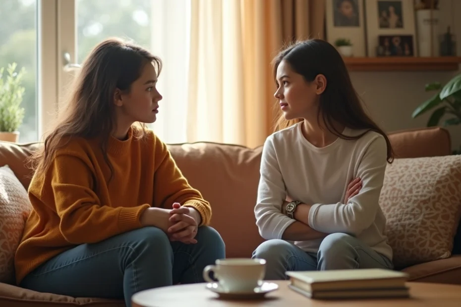 Mother and teenage daughter having a serious conversation in a cozy living room