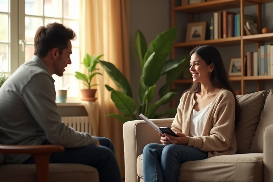Parent and teenage child having a calm conversation at home