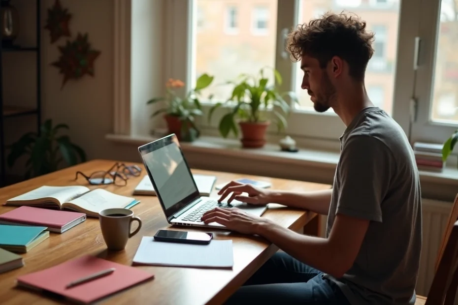 Person working on a laptop at a cozy desk with notebooks and coffee