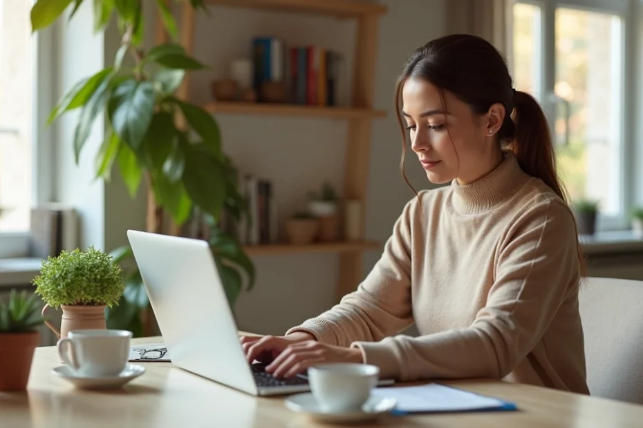 Woman working at laptop comfortably at home desk with plants and soft lighting