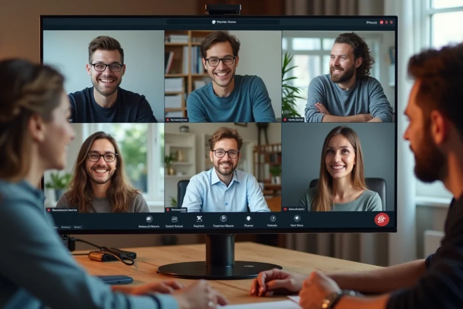 Remote team engaged in a video call with diverse members collaborating from home