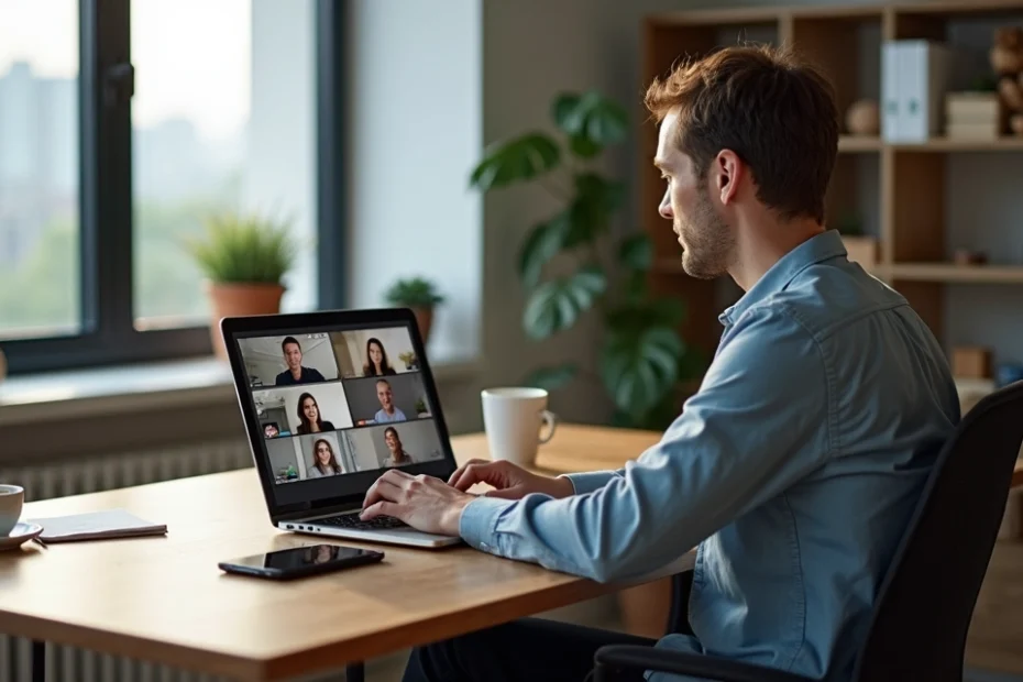 Remote worker sitting at desk using laptop for video call with colleagues