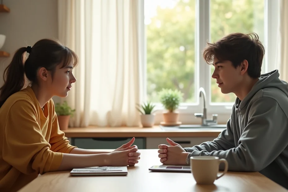 Teenager and parent sitting at a kitchen table having a calm conversation