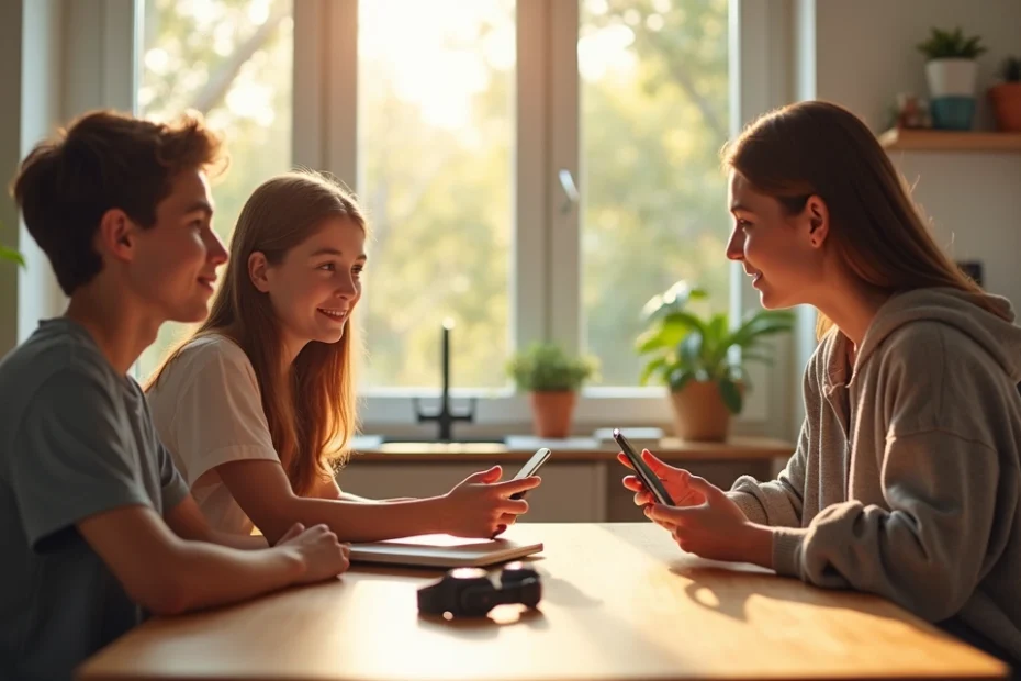 Two teenagers sitting at a kitchen table discussing social media rules with an adult in a modern home
