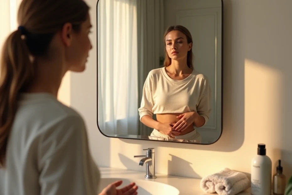 Woman examining vaginal symptoms in front of a mirror at home