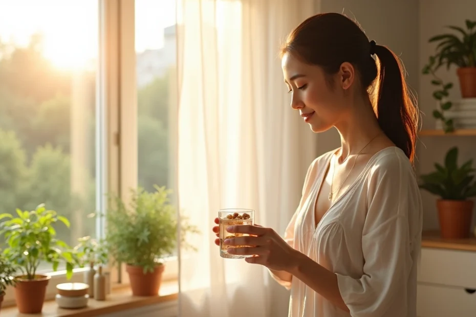 Woman practicing a morning routine with natural light, holding a glass of water and surrounded by plants and health products
