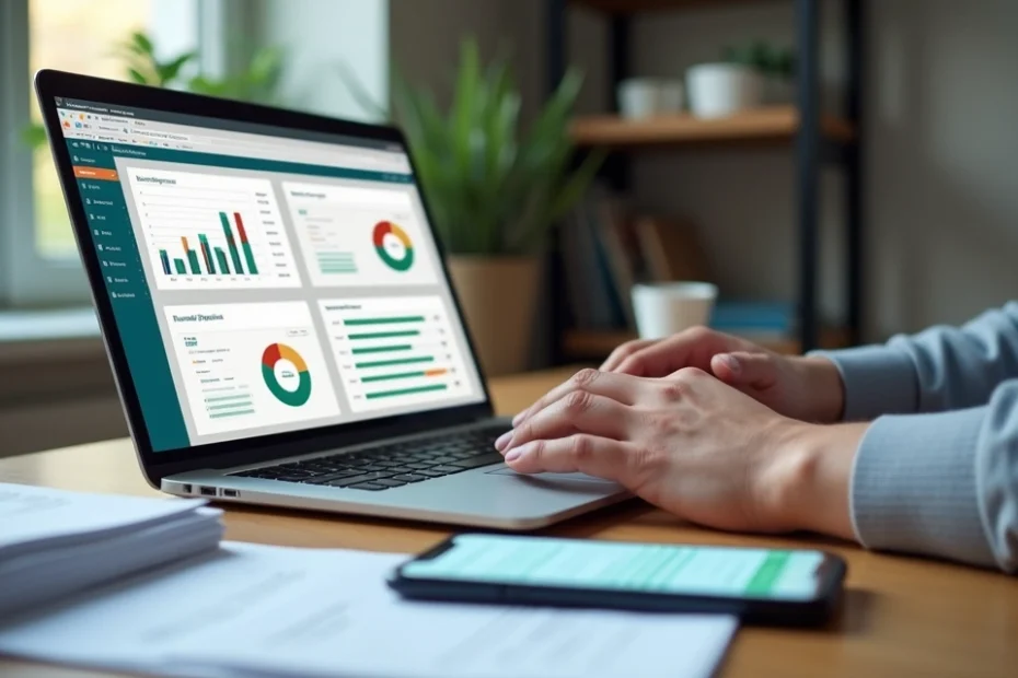 Small business owner comparing accounting software on laptop at tidy desk