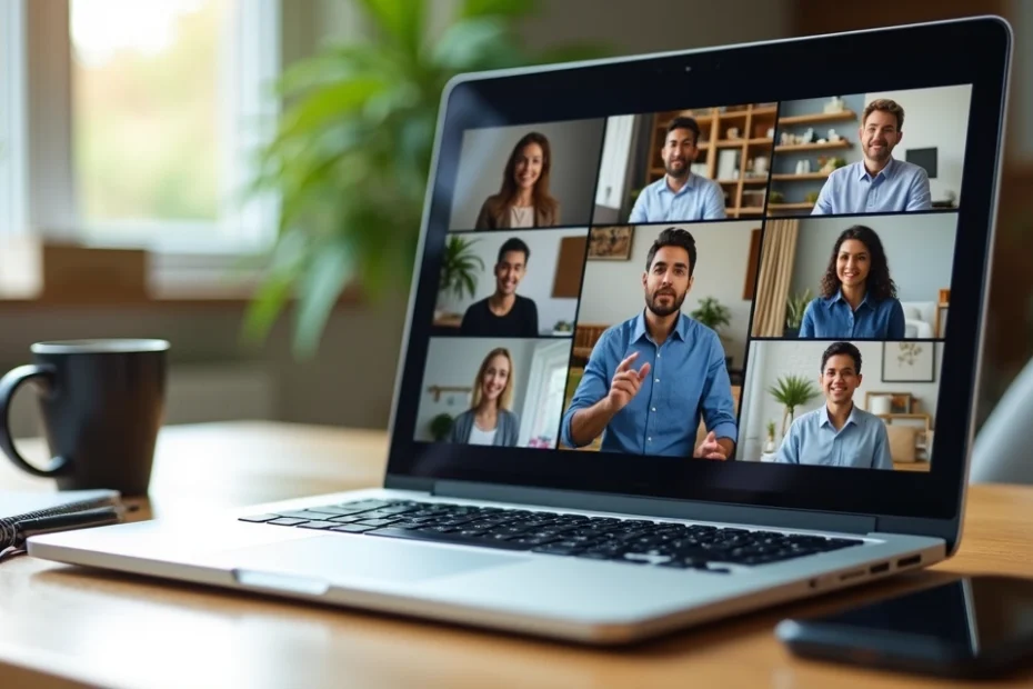 Small remote team in a video meeting with a manager giving guidance