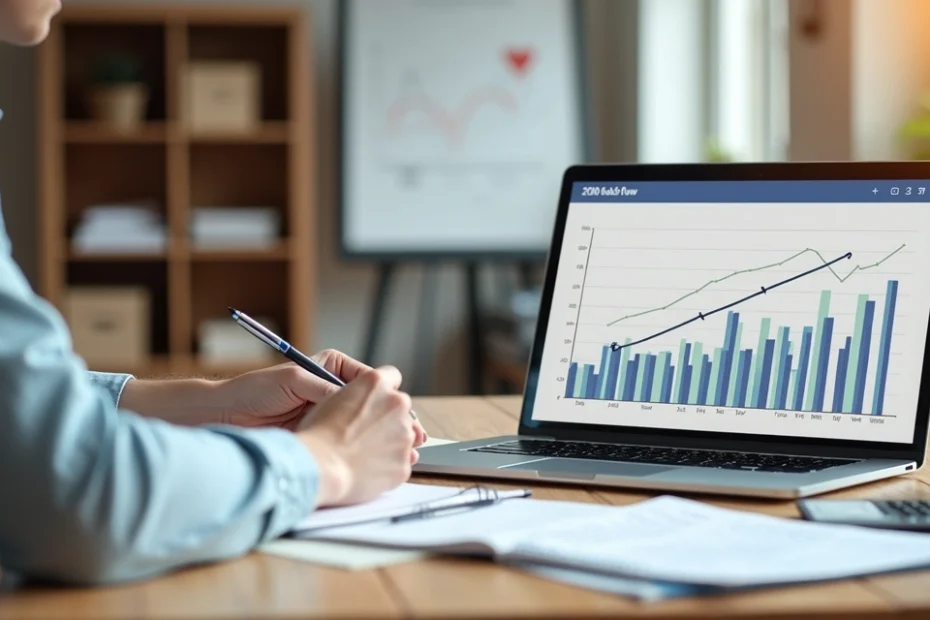 Small business owner planning cash flow with charts and laptop at desk