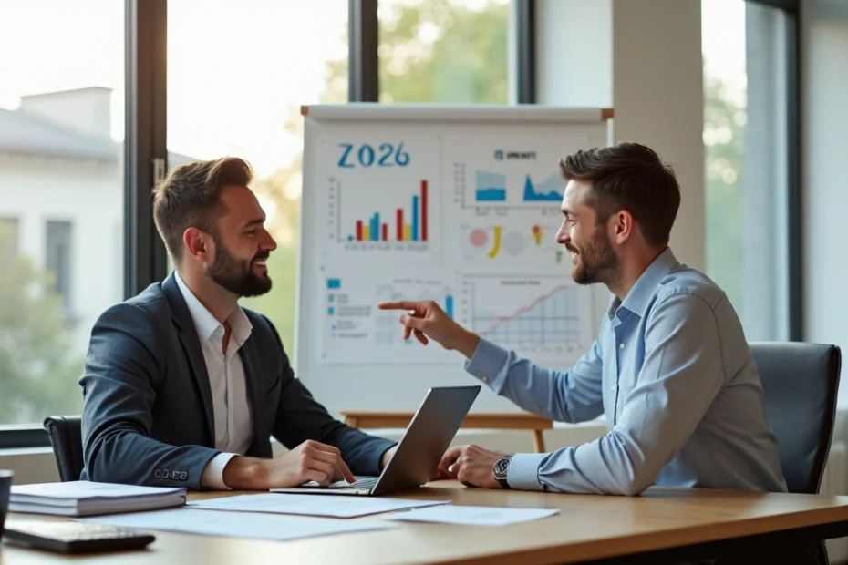 Small business owner reviewing tax documents with a relaxed accountant in a modern office