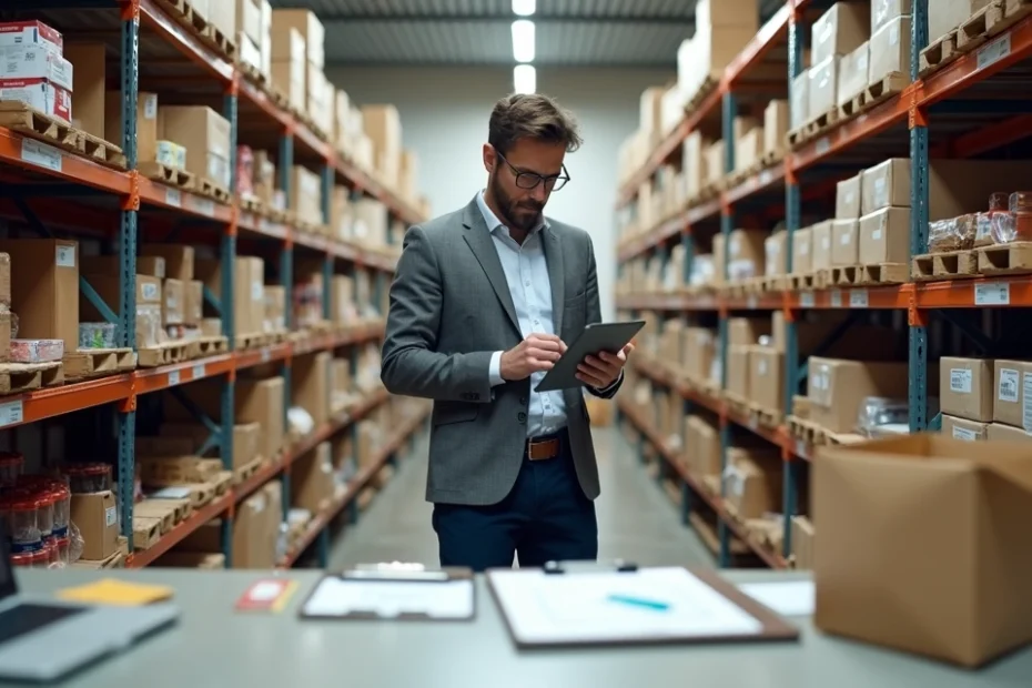 Small store owner checking stock with digital tablet in organized stockroom
