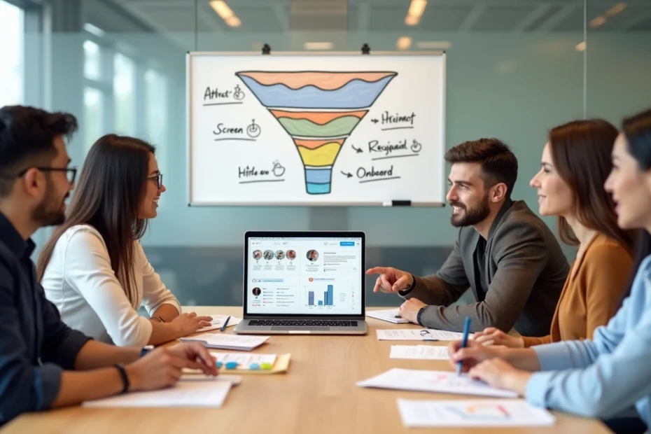 Small diverse team in a hiring strategy meeting around a laptop