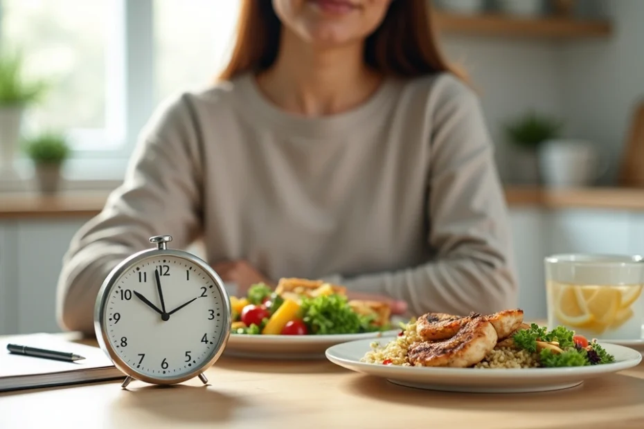 Woman at kitchen table with clock and healthy food planning intermittent fasting