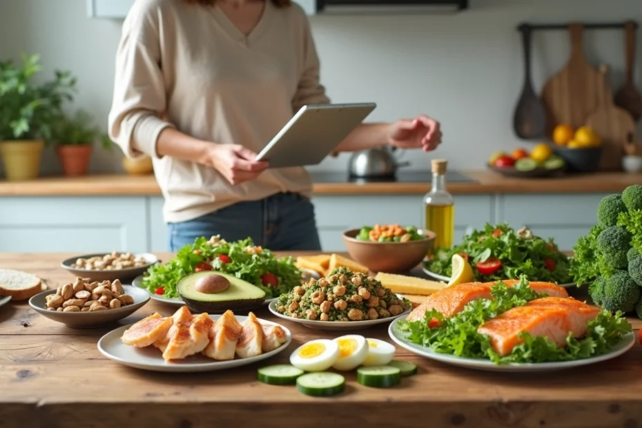 Healthy low carb foods on a wooden kitchen table with a person choosing ingredients