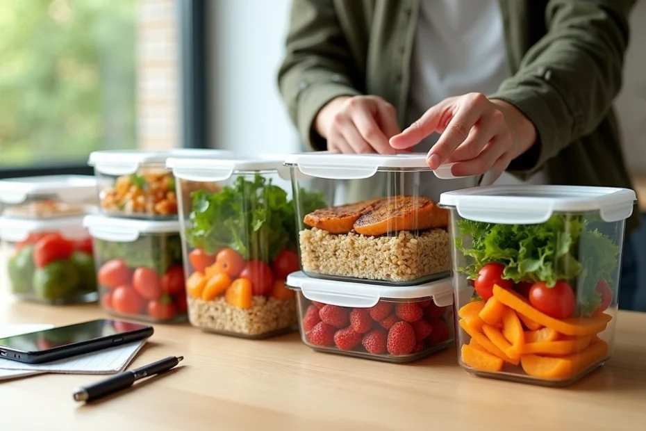 Meal prep containers with healthy food on a kitchen counter