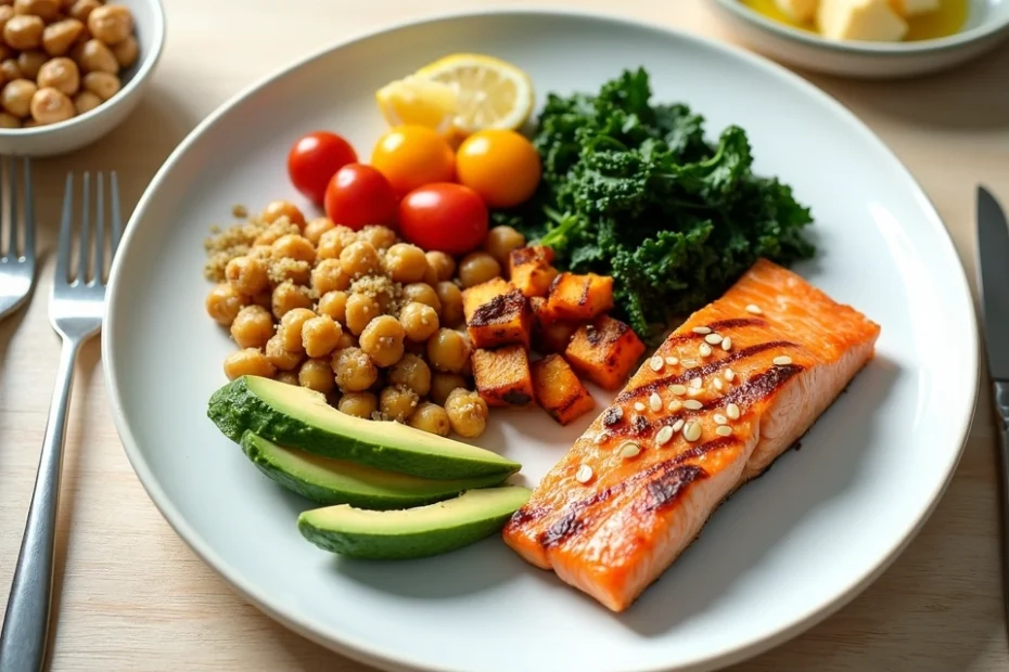 Split plate showing plant-based meal on one side and keto meal on the other