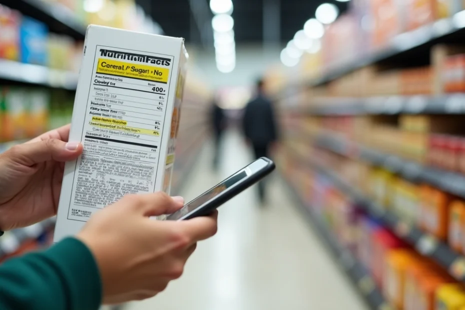 Person reading a nutrition label and highlighting sugar content
