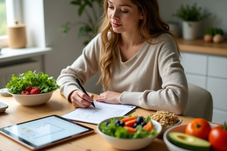Woman planning balanced meals with fruits vegetables and whole grains on a kitchen table