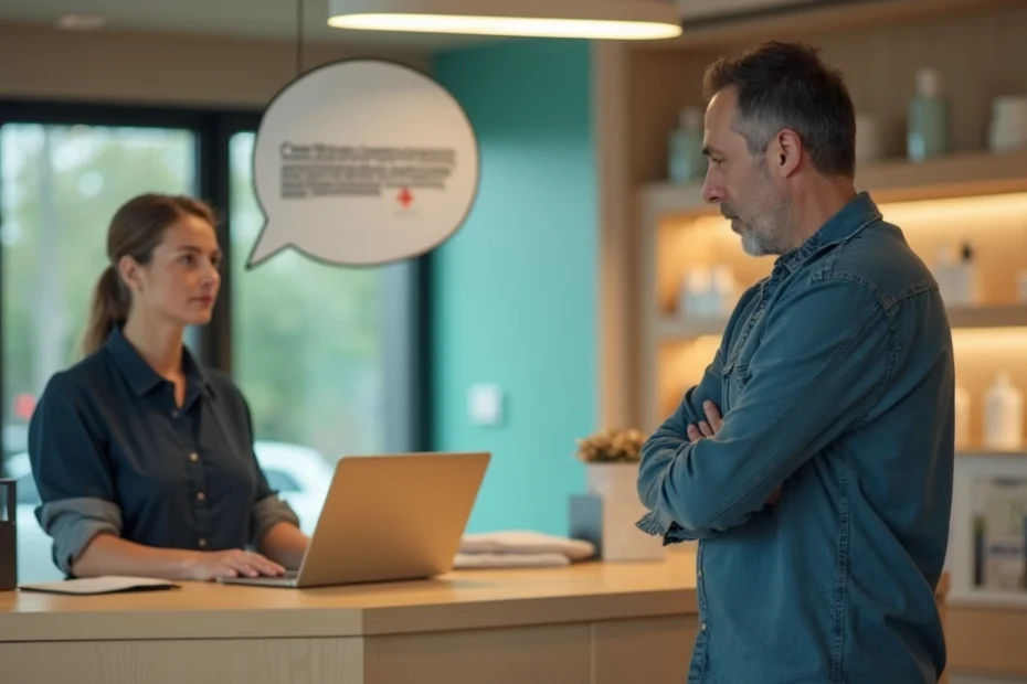 Customer turning away from confused employee at shop counter