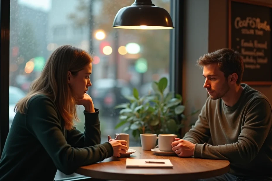 Couple talking at a cafe table by a rainy window with two coffee cups between them.