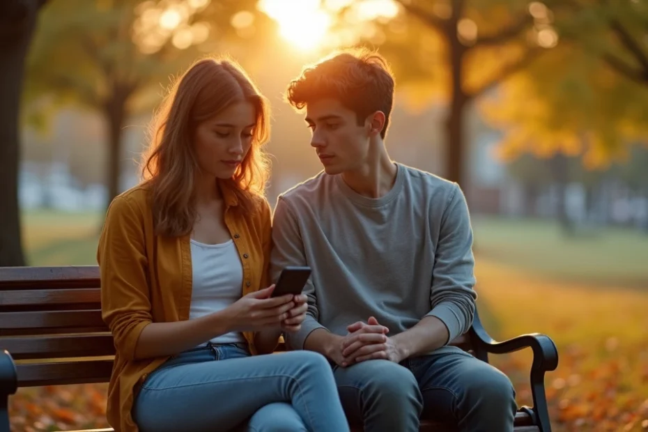 Couple on park bench with subtle distance between them