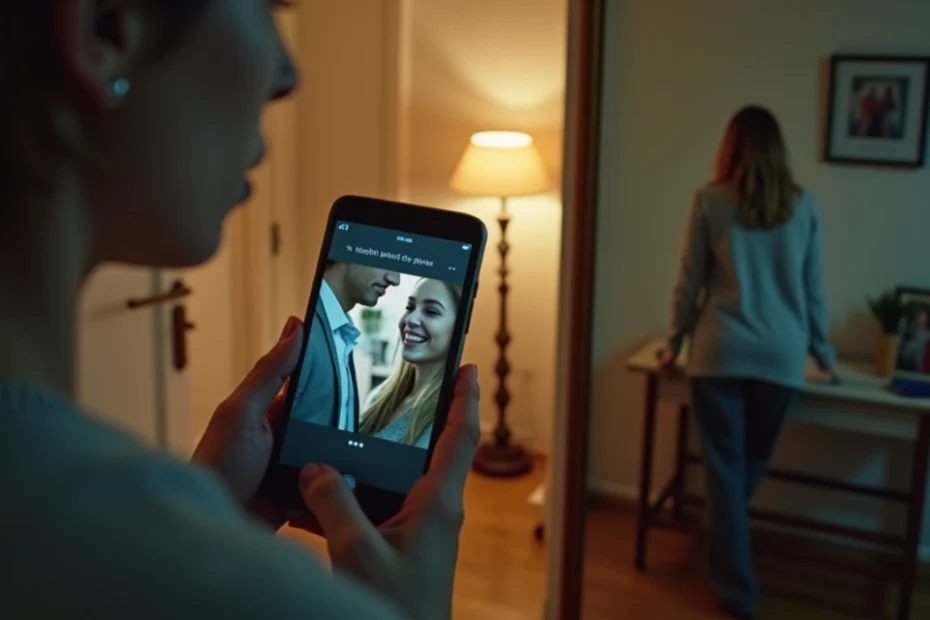 Person looking at phone reflection showing partner with someone else