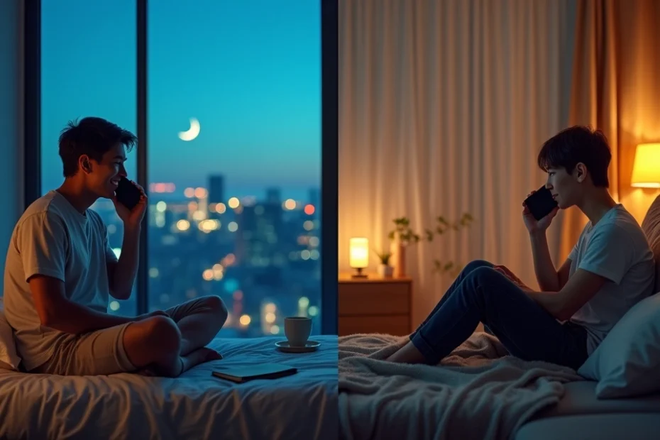 Long-distance couple talking on phones in separate city apartments at night