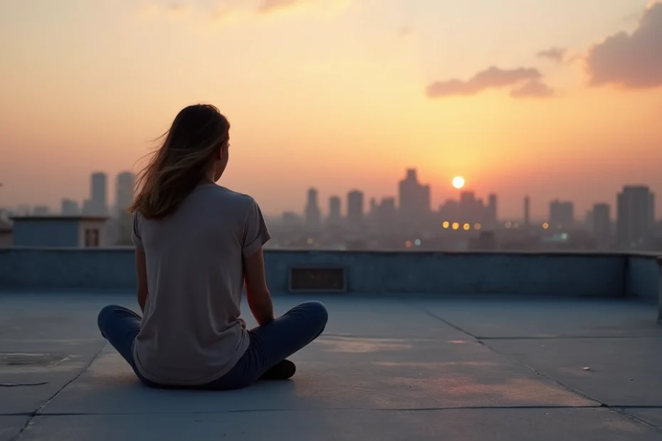 Person on city rooftop at sunset looking toward distant skyline