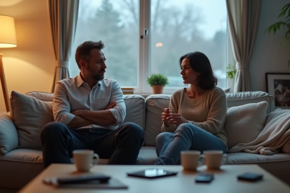 Couple sitting apart on a sofa with visible tension in a quiet living room